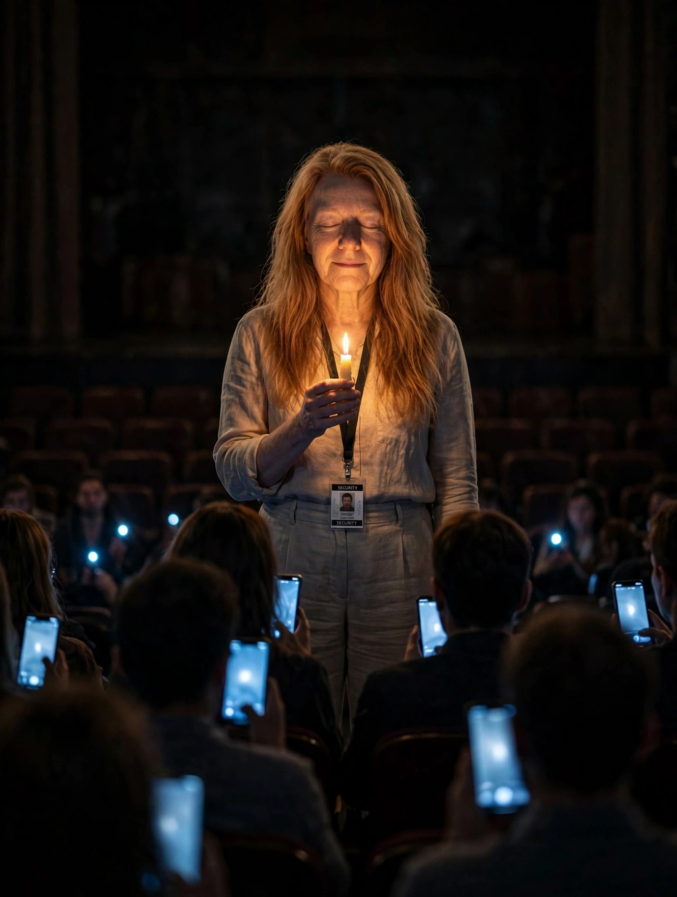 Hen-ree in linen, eyes closed, holding a single lit candle in a dark auditorium while journalists hold up glowing phones