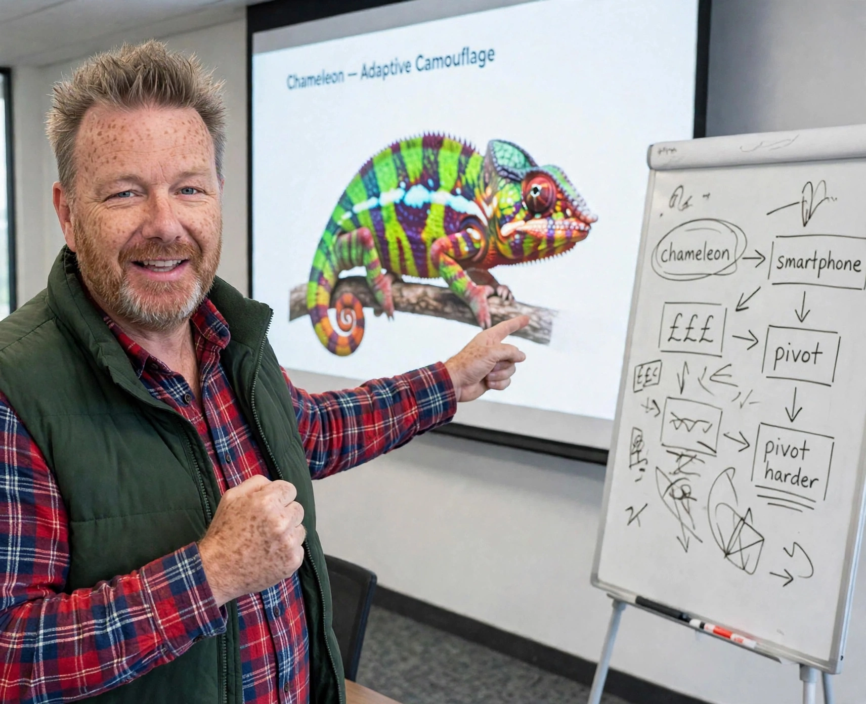 H. Davey in gilet and check shirt pointing proudly at a projected slide of a chameleon, beside a flip chart reading chameleon, smartphone, pivot, pivot harder