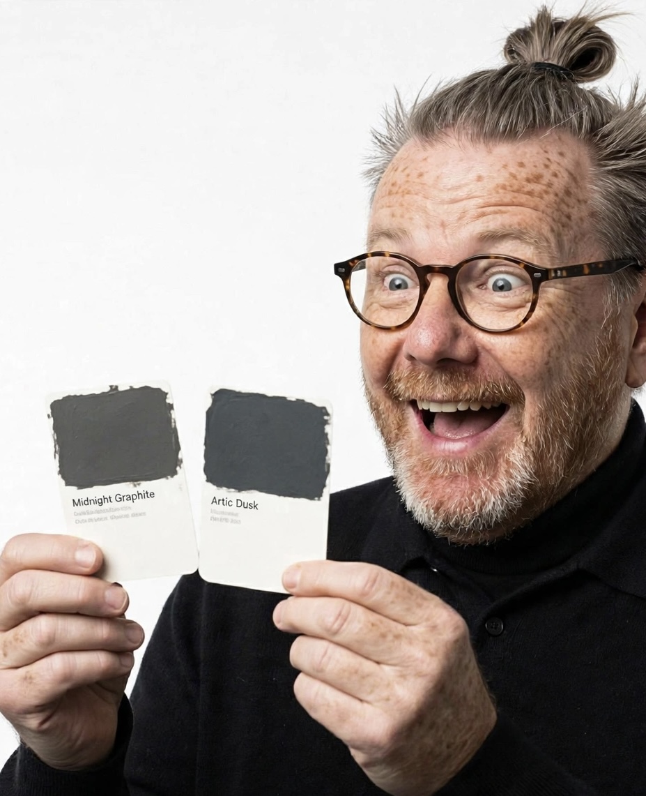Henri Davé in round glasses and a top knot, gazing in rapture at two almost identical dark swatches labelled Midnight Graphite and Artic Dusk