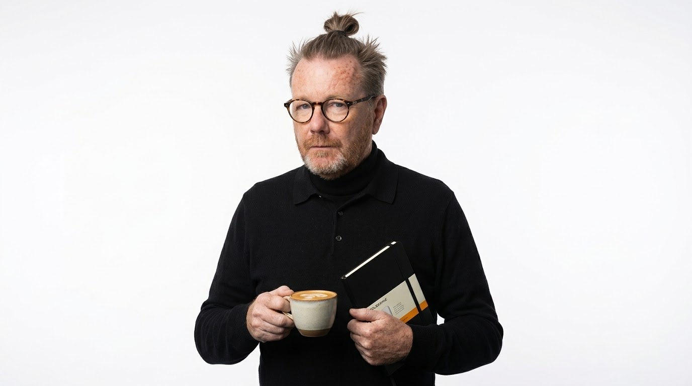 Henri in a black polo neck, round glasses and a top knot, holding a flat white and a notebook