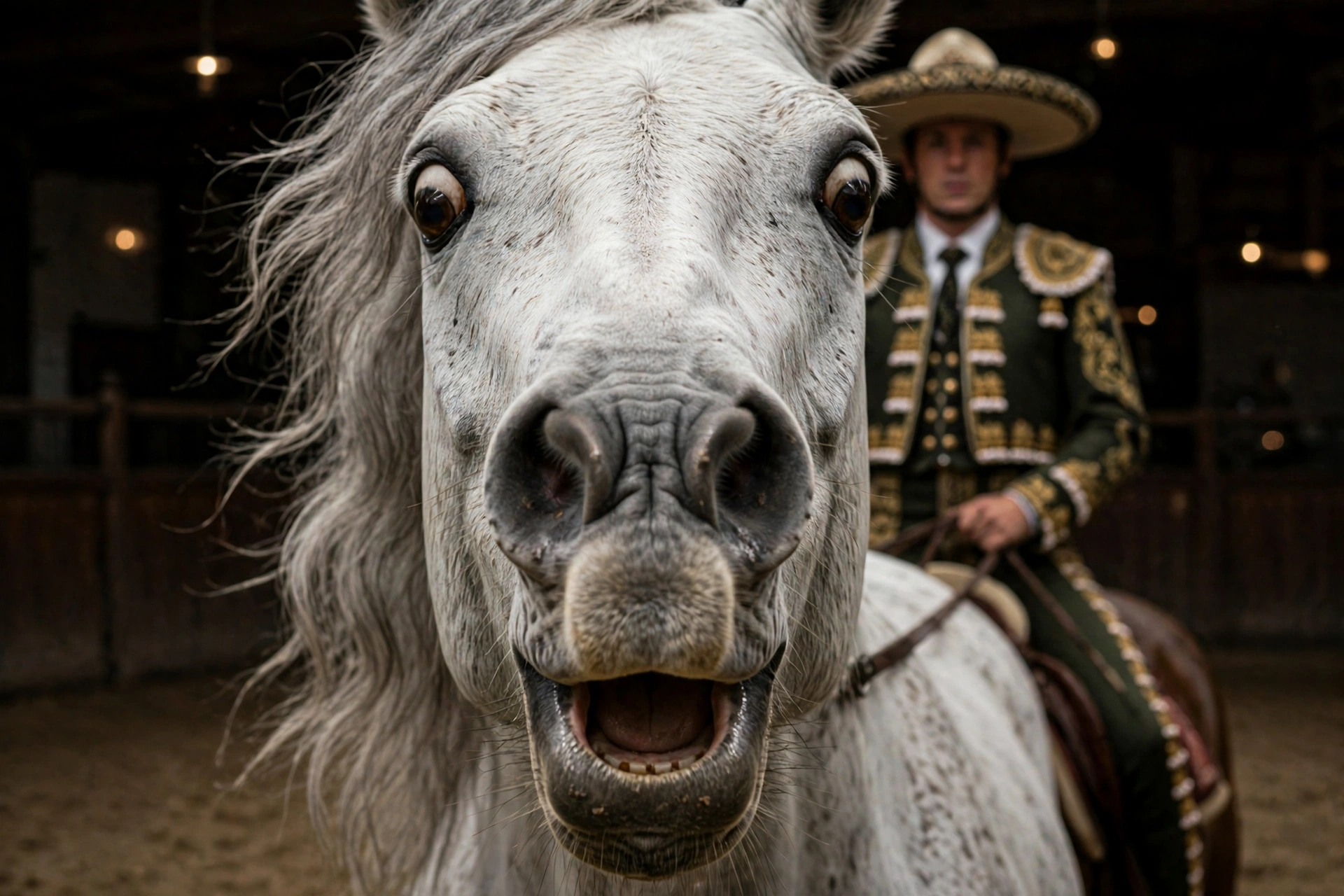 A white Andalusian horse staring wide-eyed and open-mouthed at the camera, its rider sitting motionless behind