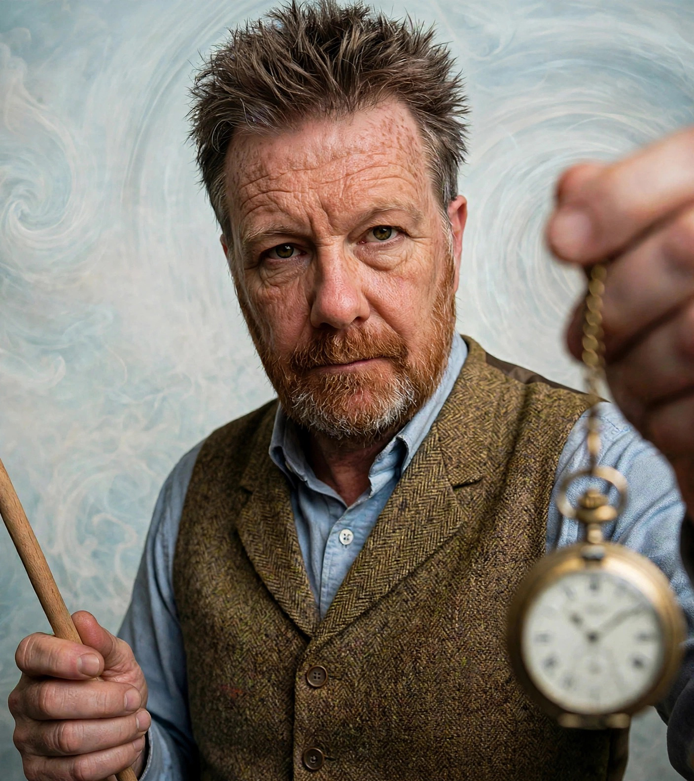 Dr. Henrick in a tweed waistcoat, staring intently at the camera while dangling a gold pocket watch in front of a swirling background