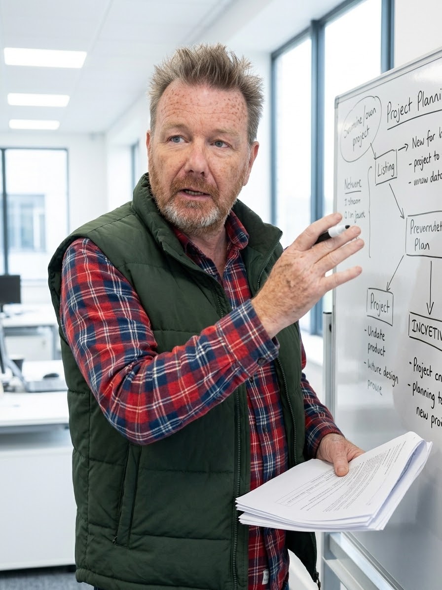 H. Davey in a gilet and check shirt, mid-explanation at a whiteboard