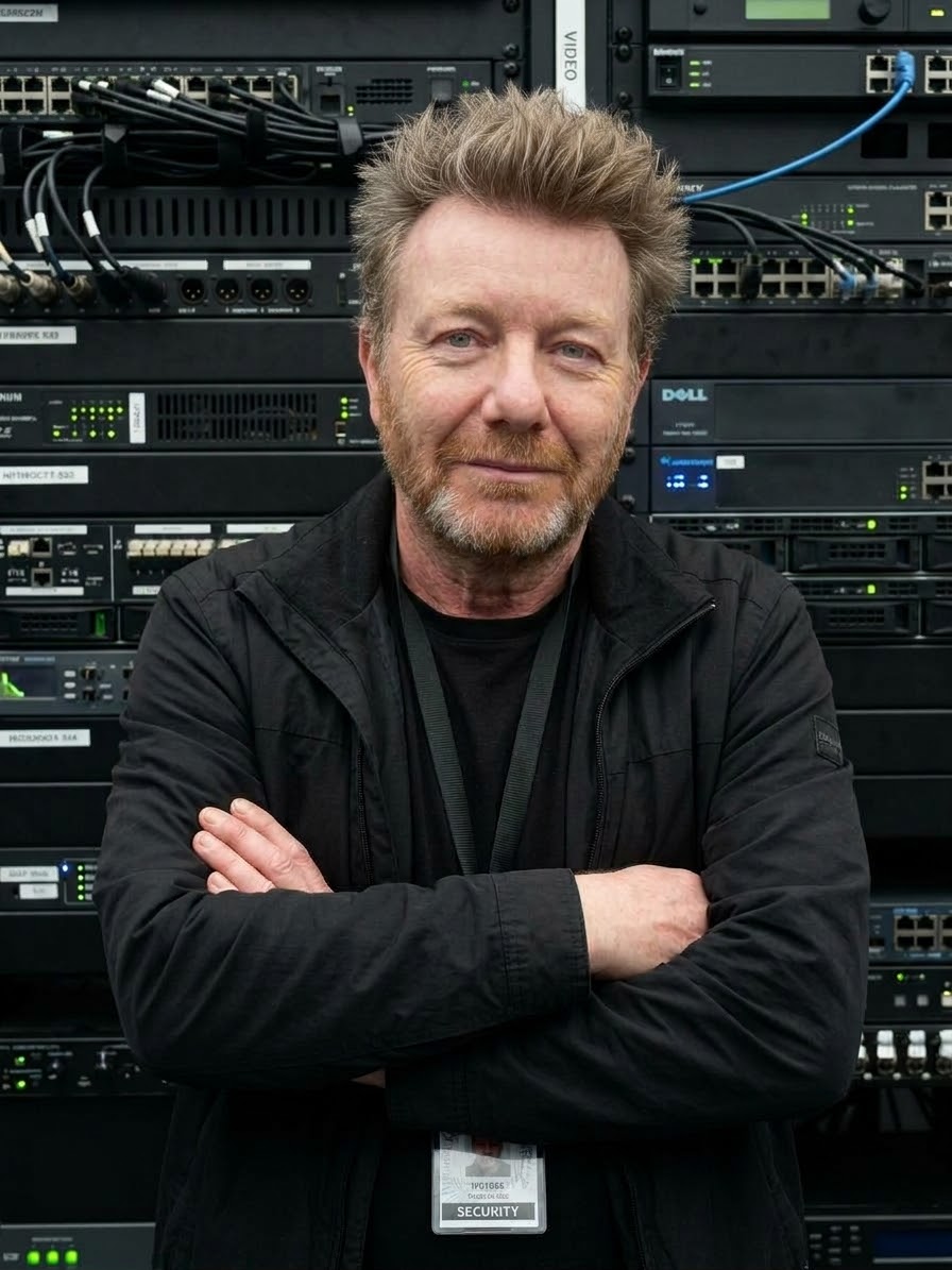 Henry in show blacks in front of a rack of kit, arms folded