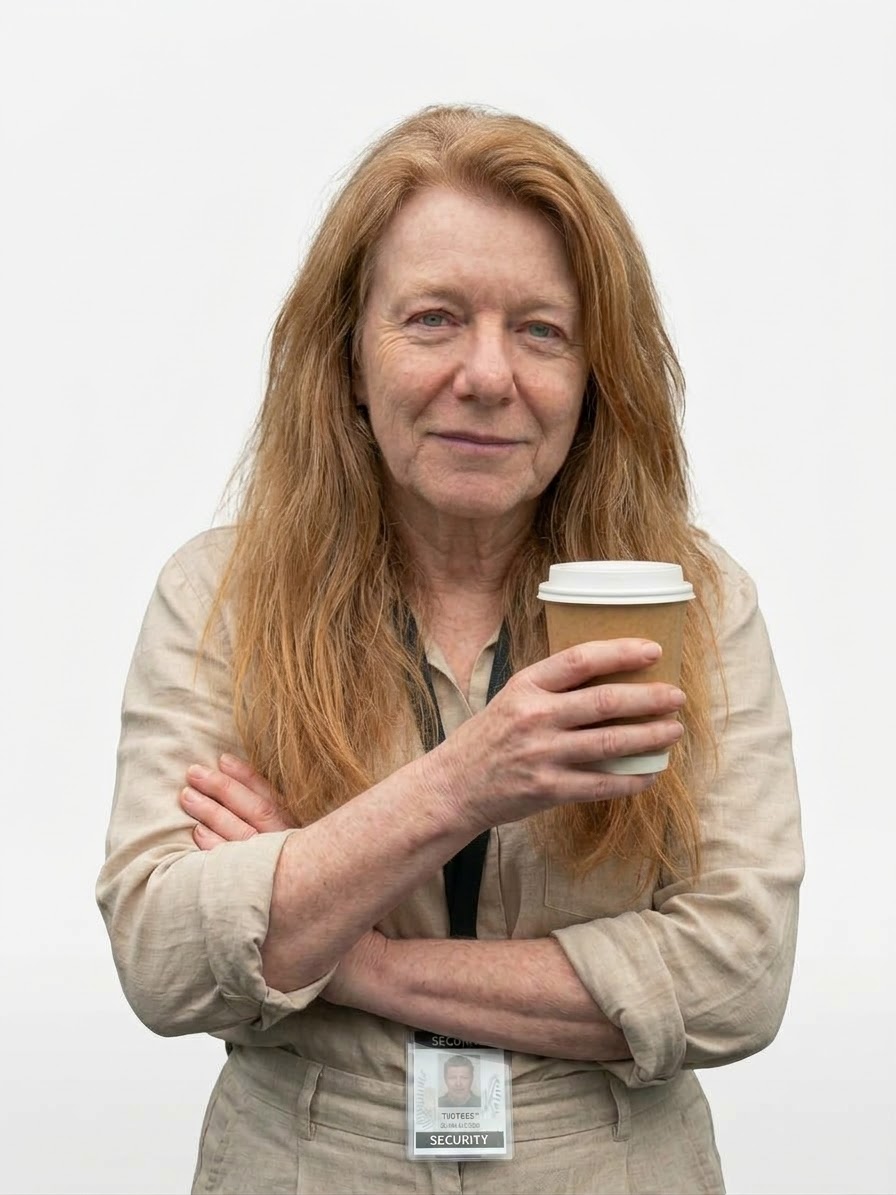 Hen-ree in linen with long hair, holding a reusable coffee cup